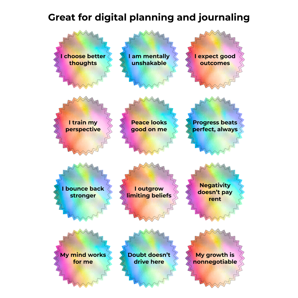 150 Positive Mindset Affirmation Digital Stickers Holographic Stickers Planner Journal PNGs GoodNotes, Notability, Samsung Notes, iPad